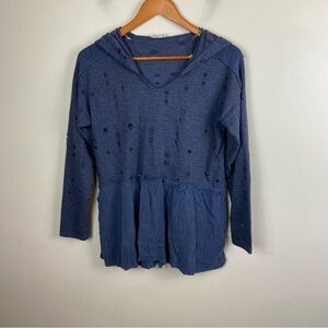 Hummingbird Dusty Blue Distressed Lagenlook Mixed Media Hoodie Pullover Small